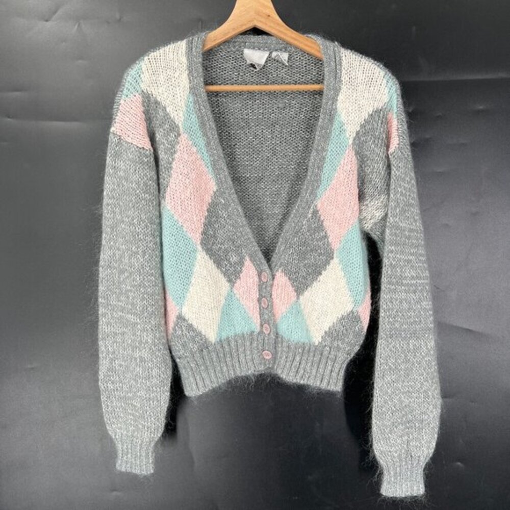 Vintage 80s Katherine Bishop mohair blend knit argyle sweater pastel cardigan‎ M